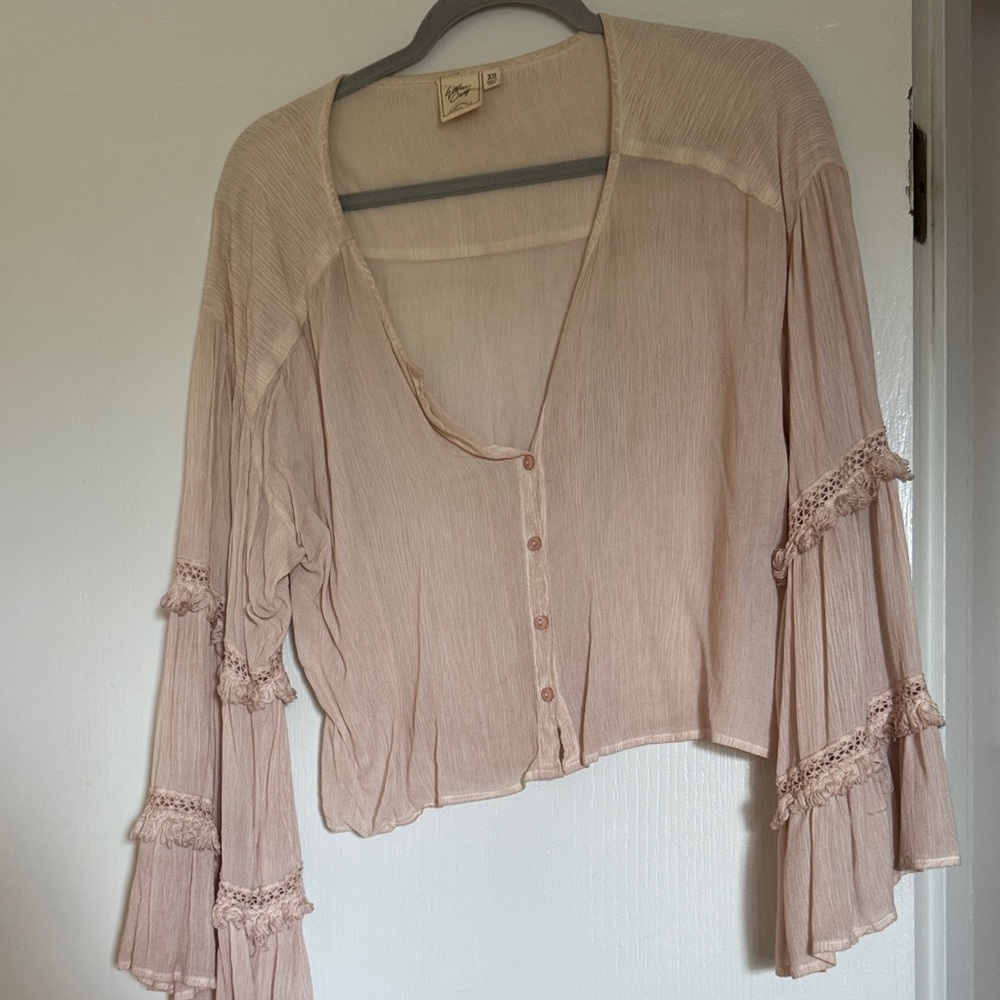 White Crow Light Pink Ruffle Sleeve Blouse